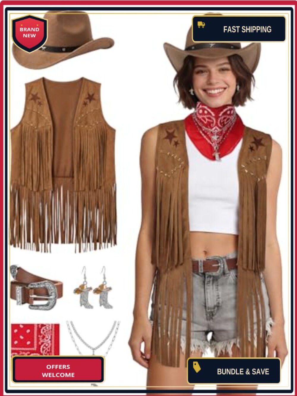 SOMSOC 7Pc Cowgirl Costume Set Suede Fringe Vest Hat Belt Bandana Western